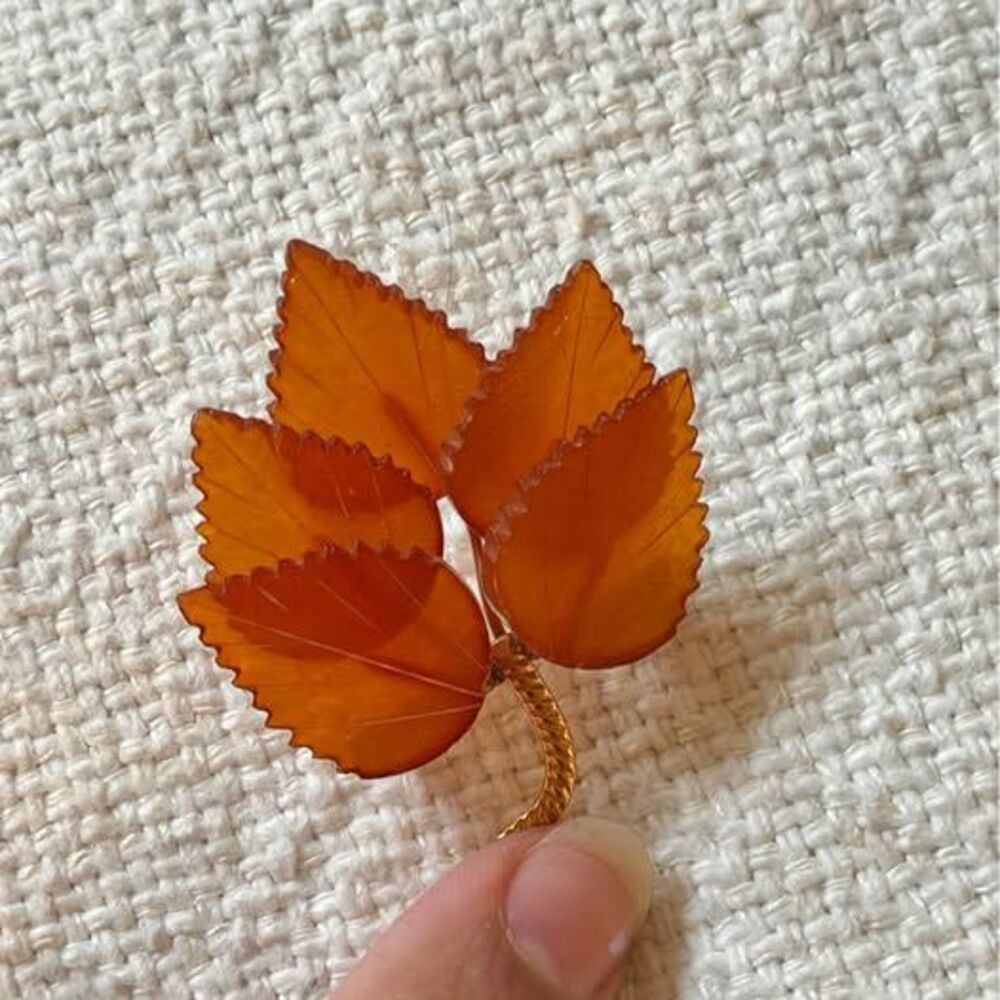 Vintage Baltic Amber Leaves Brooch - Gold Plated Brass Frame, USSR 1980s